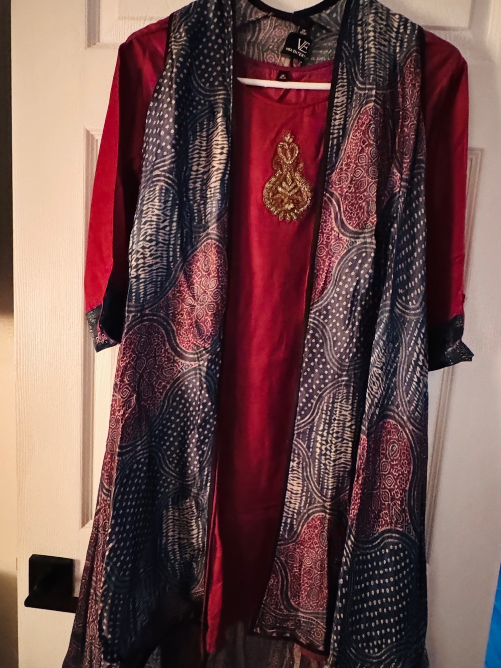 Women's Red Tunic Sweater with Printed Shawl